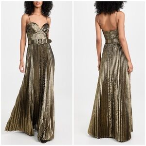 New Rebecca Vallance Josie Metallic Plisse Lame Gown Maxi Dress Gold Sz 12
